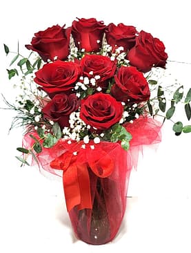 9 kırmızı gül vazo