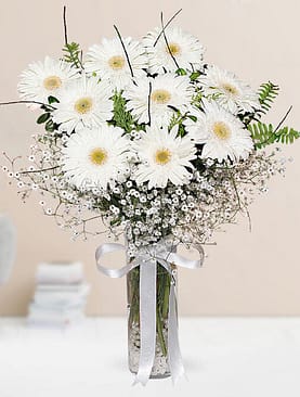 9 beyaz gerbera vazo