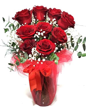 9 kırmızı gül vazo