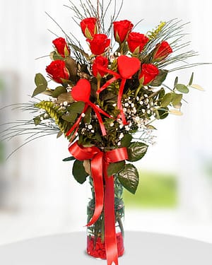 9 kırmızı gül vazo kalp süs