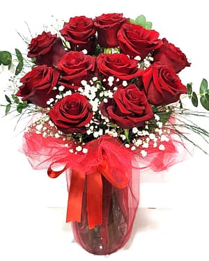 11 kırmızı gül vazo