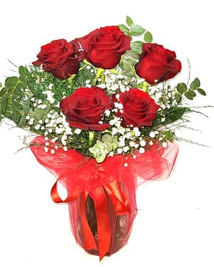 5 kırmızı gül vazo