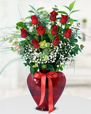 9 kırmızı gül kalp vazo