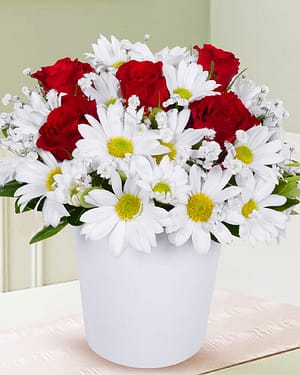 5 kırmızı gül beyaz papatya seramik