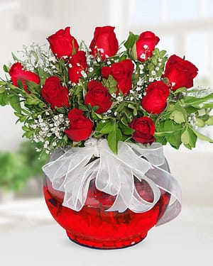 12 kırmızı gül fanus